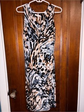 dressbarn Sleeveless Abstract Print Maxi Dress in Black, Gray & Brown